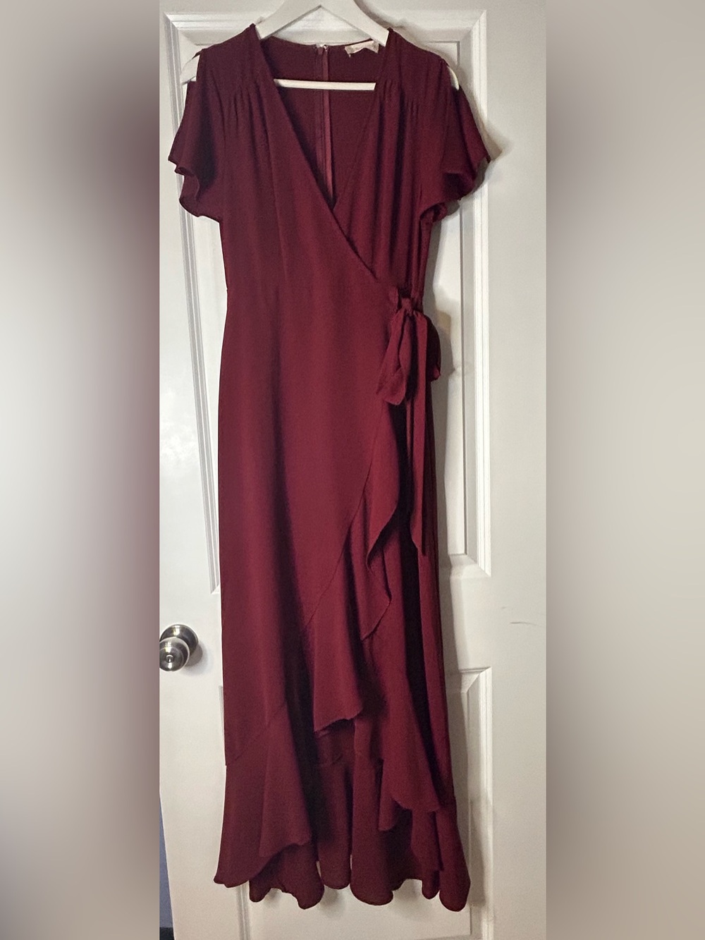 Altered State Burgundy/Wine Wrap Midi Dress with Ruffle Hem | Medium